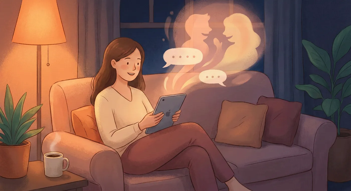 温かい雰囲気のリビングでAIと対話練習をしているイラスト